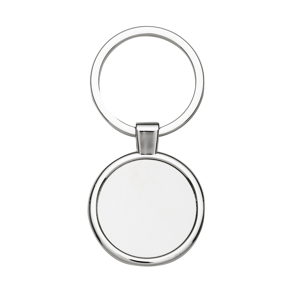 Chaveiro de metal redondo com chapa central, verso liso.
