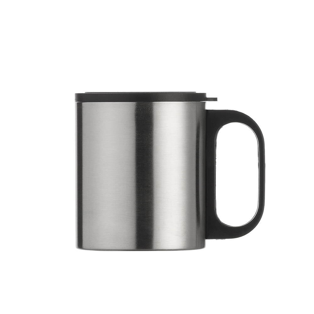 Caneca de inox 180ml com cabo e tampa em plástico resistente (não é térmica).
