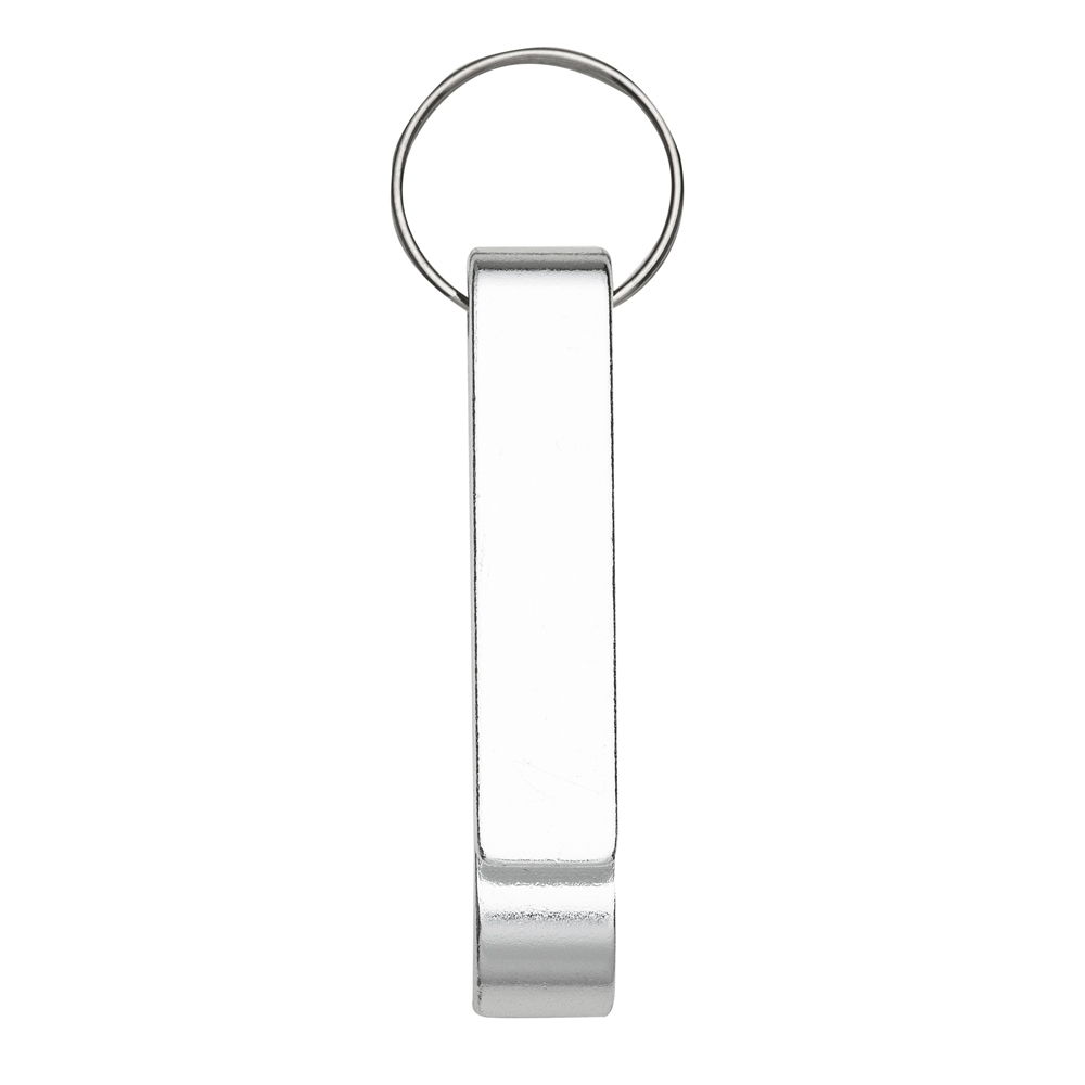 Chaveiro metálico com abridor de garrafas e argola de ferro niquelado.