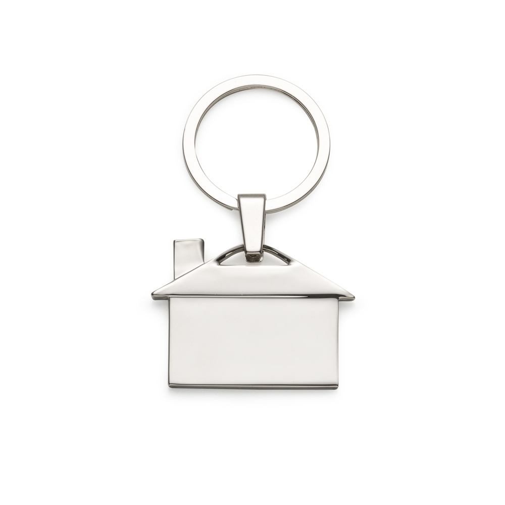 Chaveiro metal brilhante formato casa, frente e verso da chapa liso.