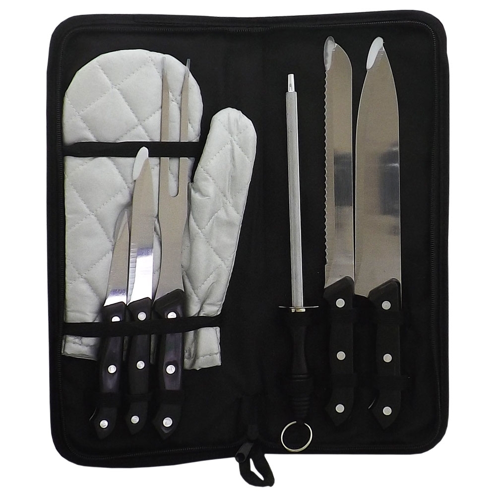 Kit churrasco 7 peças com estojo, contém: faca de chef, faca para desossar, faca de serra, faca de legumes, garfo, chaira e luva. Estojo com alça para transporte e área interna com elástico de fixação para os utensílios.