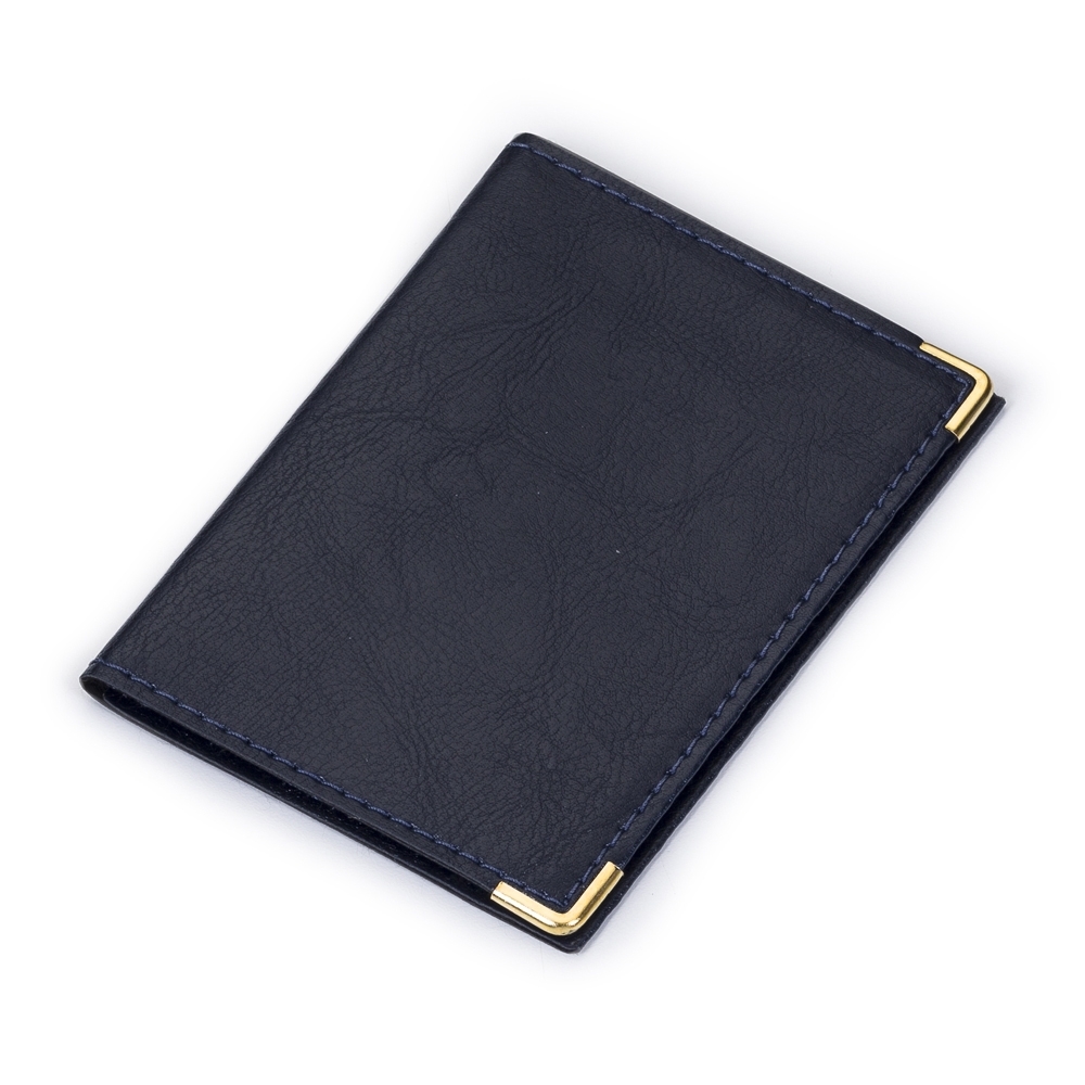 Porta-documento em couro sintético com cantoneira dourada, possui 4 divisórias plásticas grande e duas divisórias pequenas.